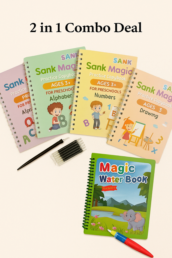 Mihraaj | 2-in-1 Kids Learning Deal: Magic Water Coloring Book + Sank Magic Practice Copy for Kids - Mihraaj
