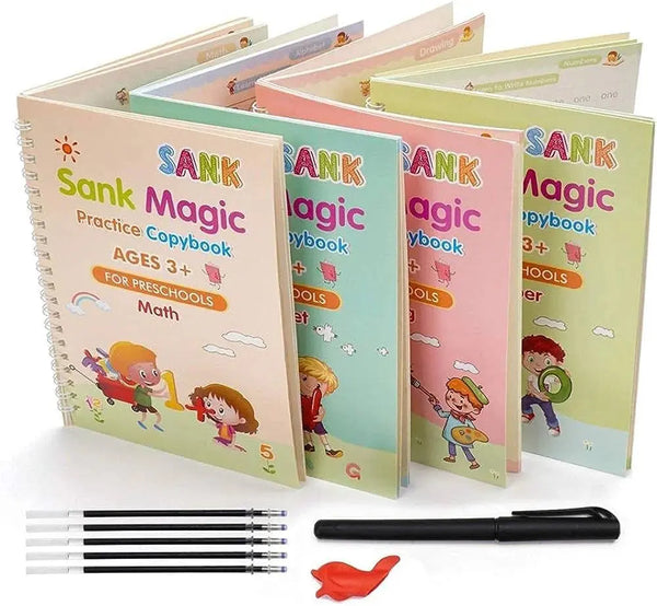 Mihraaj | Magic Sank Practice Books (Pack of 4) – Reusable Handwriting Learning Set ✍️ - Mihraaj